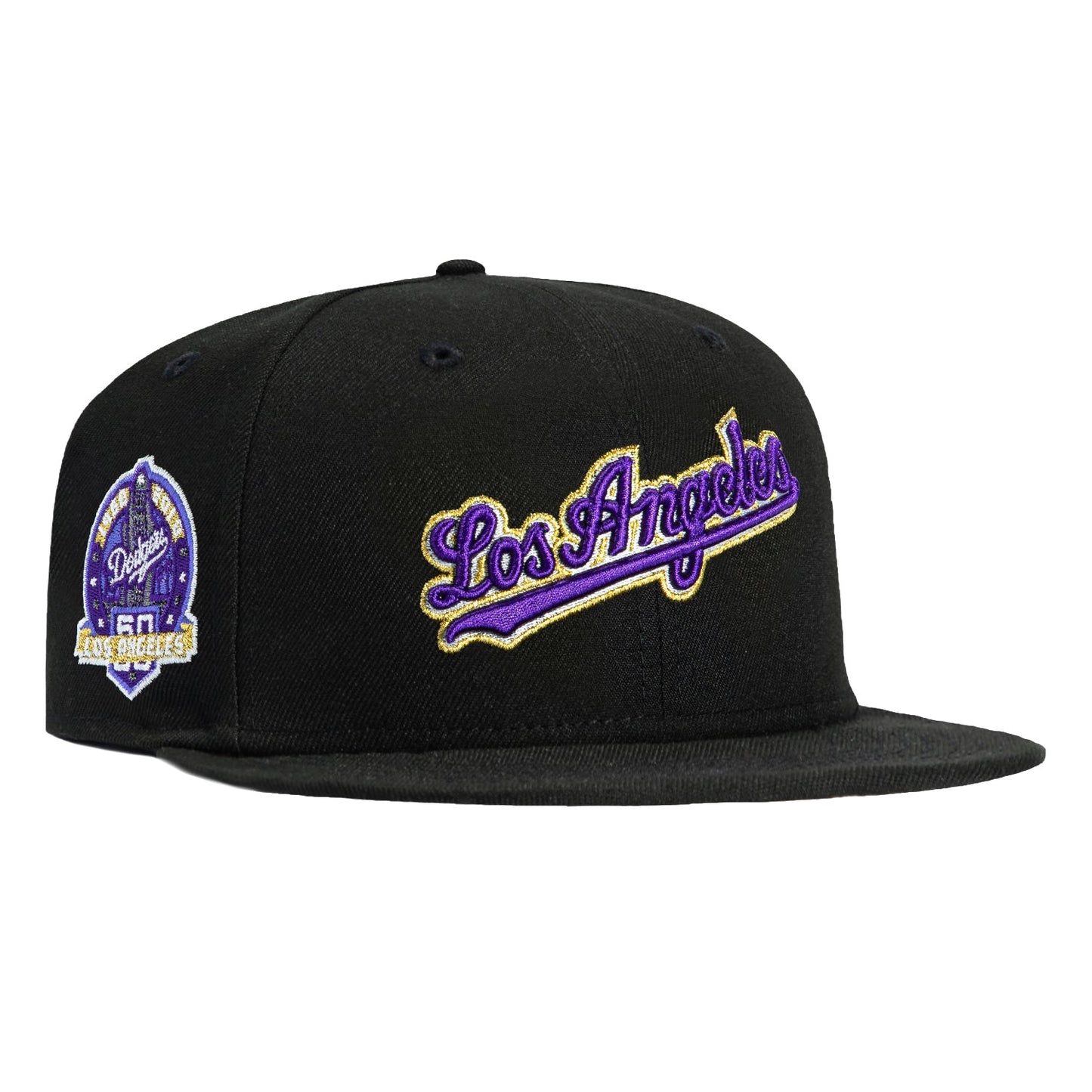New Era 59Fifty Los Angeles Dodgers 60th Anniversary Script Patch Hat - Black, Purple, Metallic Gold